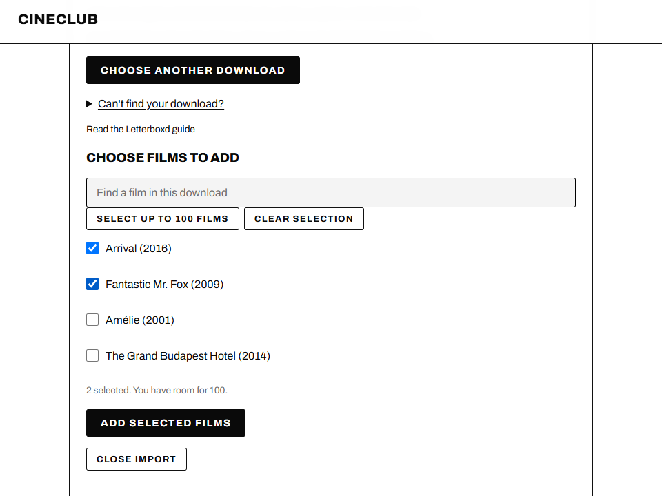 CINECLUB import controls with Letterboxd and Watchlist selected, followed by the downloaded-file button.